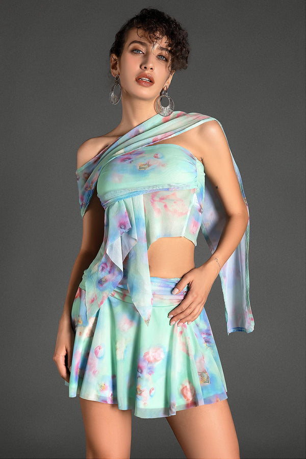 Stathoti Ruffle Print Draped Dress Set