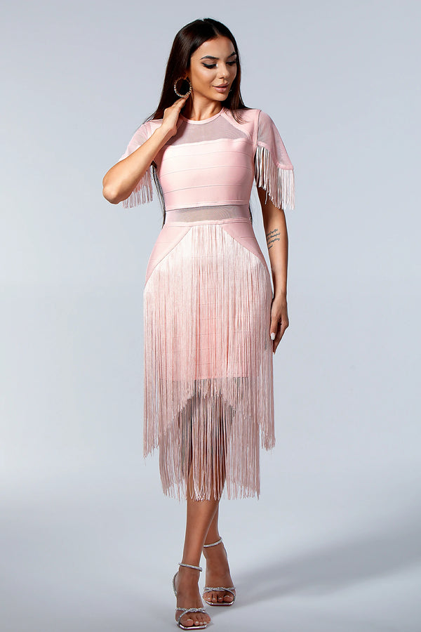 Thalia Mesh Fringe Patchwork Dress in Pink