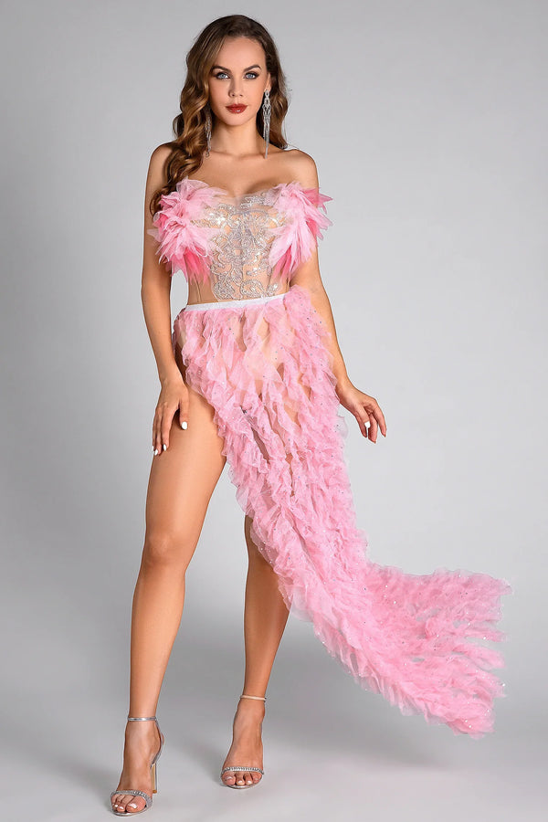 Eftychia Pink Feather High Slit Backless Dress