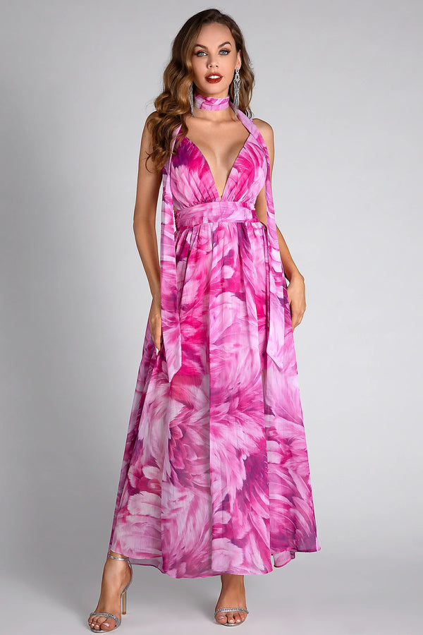 Eliza Floral Print Deep V Vacation Maxi Dress