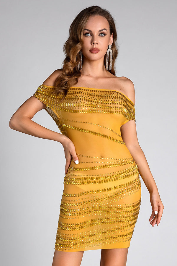 Dale Rhinestone See-Through One Shoulder Dress