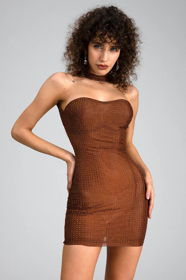 Koskou Strapless Diamond Mini Dress In Brown