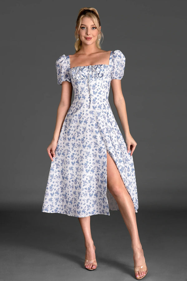 Serafim Floral Side Split Puff Sleeve Dress In Blue