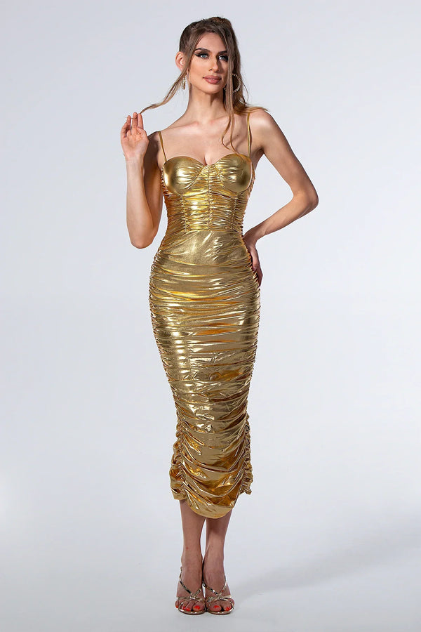 Olympia Spaghetti Strap Ruche Dress in Gold