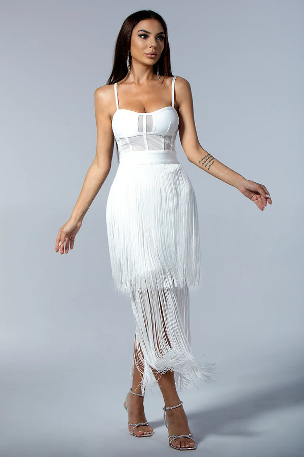 Nephele Mesh Fringe Bandage Dress in White