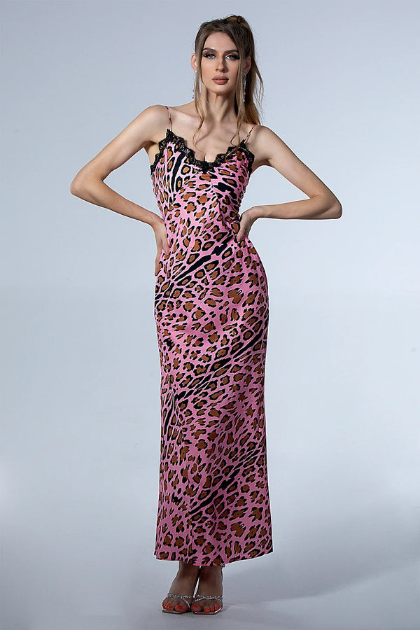 Euphrosyne Leopard Print Lace Camisole Dress