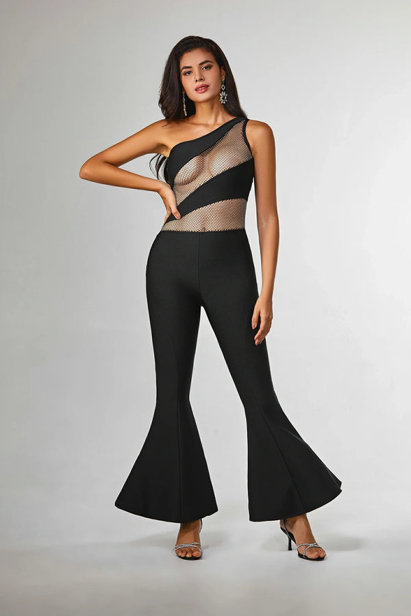 Melany Mesh Sequin Flare Jumpsuits in Black