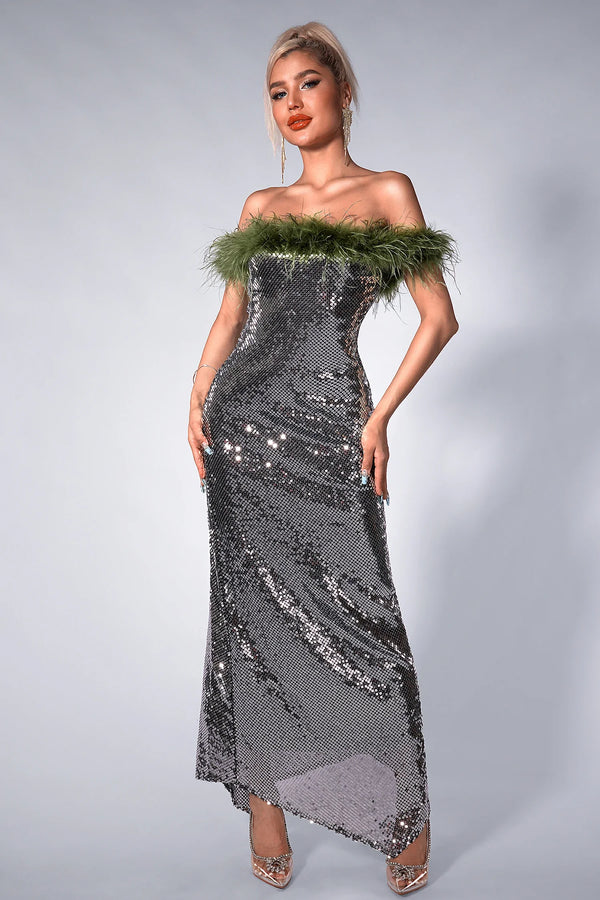 Haifa Feather & Sequin Maxi Dress