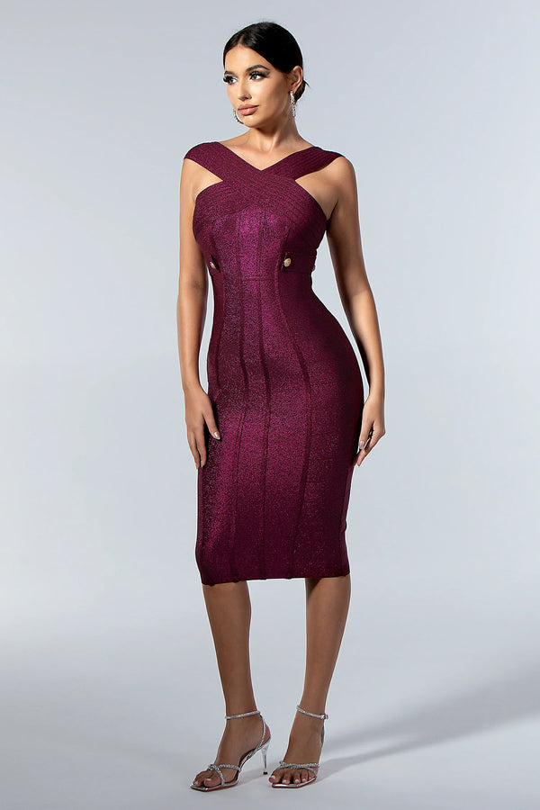 Irene Button Stripe Dress in Burgundy