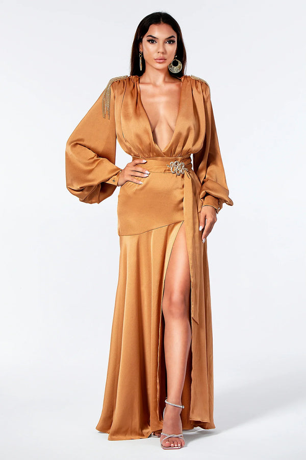 Maron Lantern Sleeve V-Neck Slit Maxi Dress