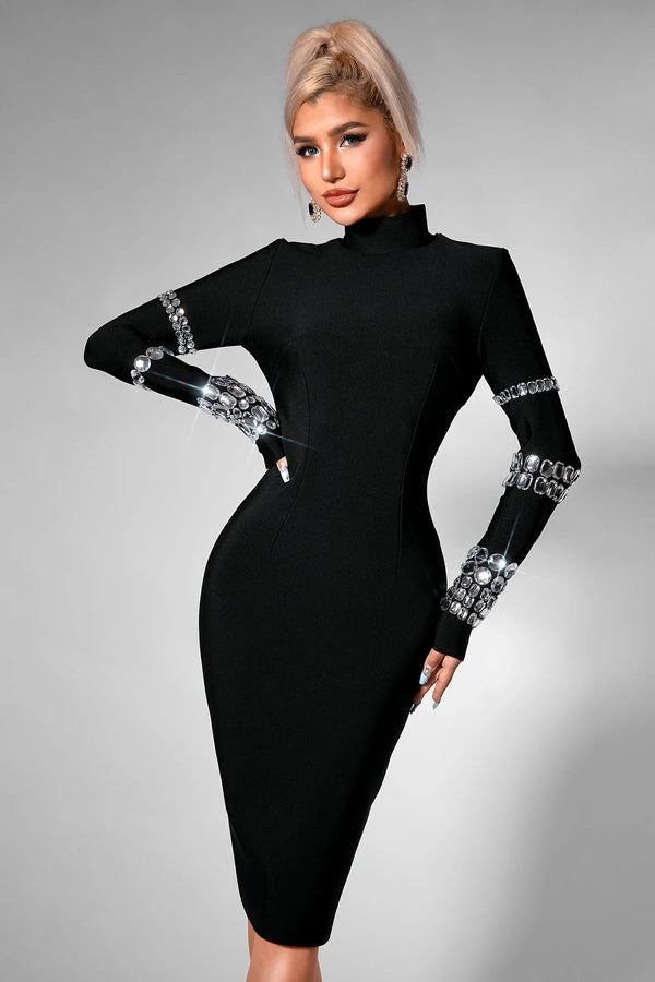 Caierra Rhinestone Long Sleeve Midi Dress