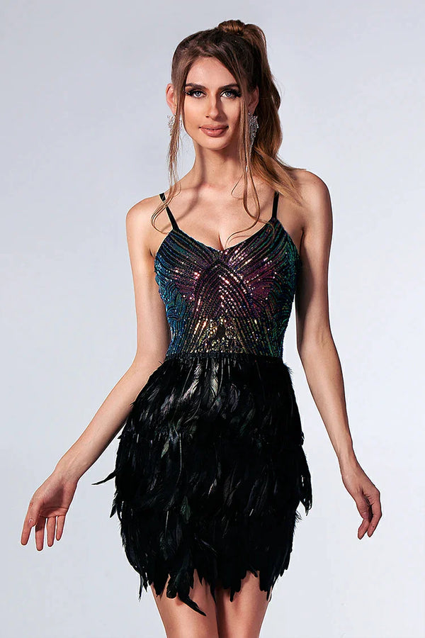 Nykteis Sequin Feather Patchwork Dress